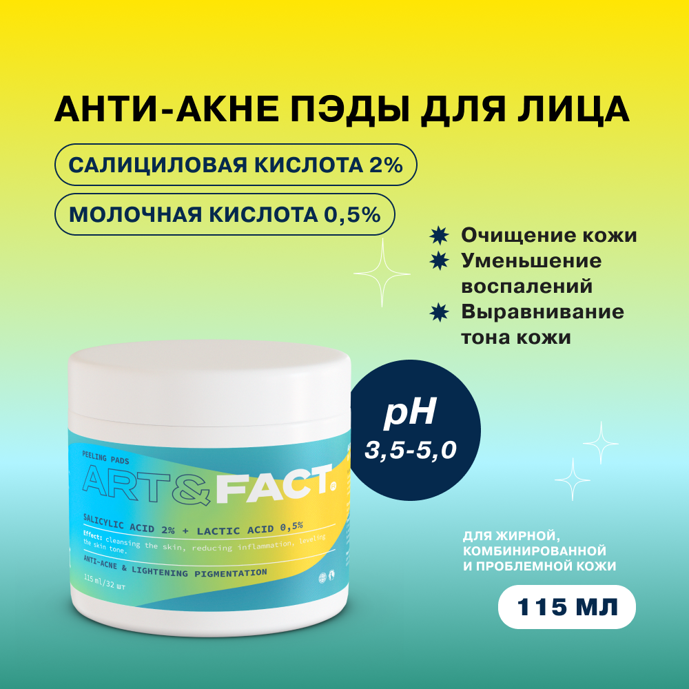 Анти-акне пэды ARTFACT. с салициловой и молочной кислотой для проблемной кожи 115 мл - фото 2