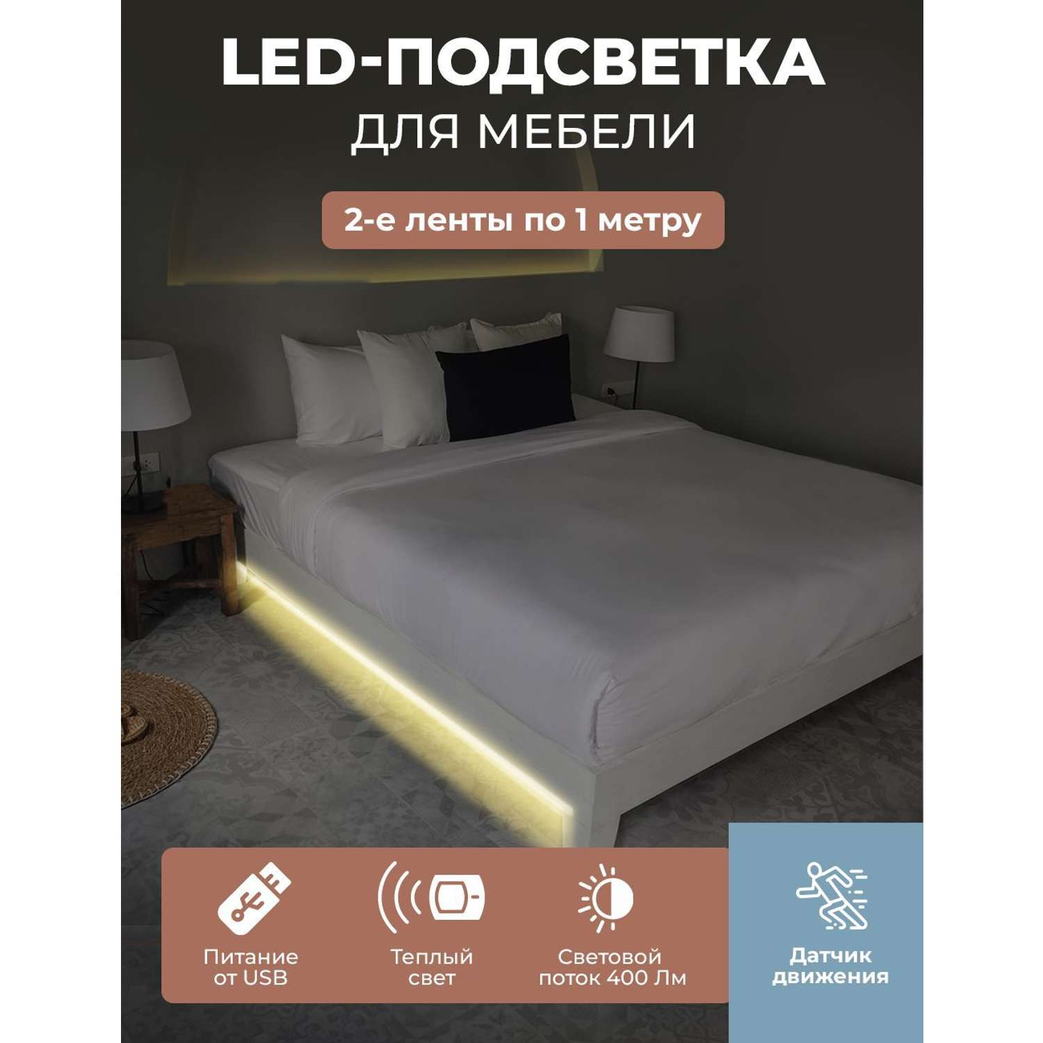 LED подсветка ГЕЛЕОС для двуспальной кровати светодиодная лента 2х1м теплый свет USB 5V - фото 3