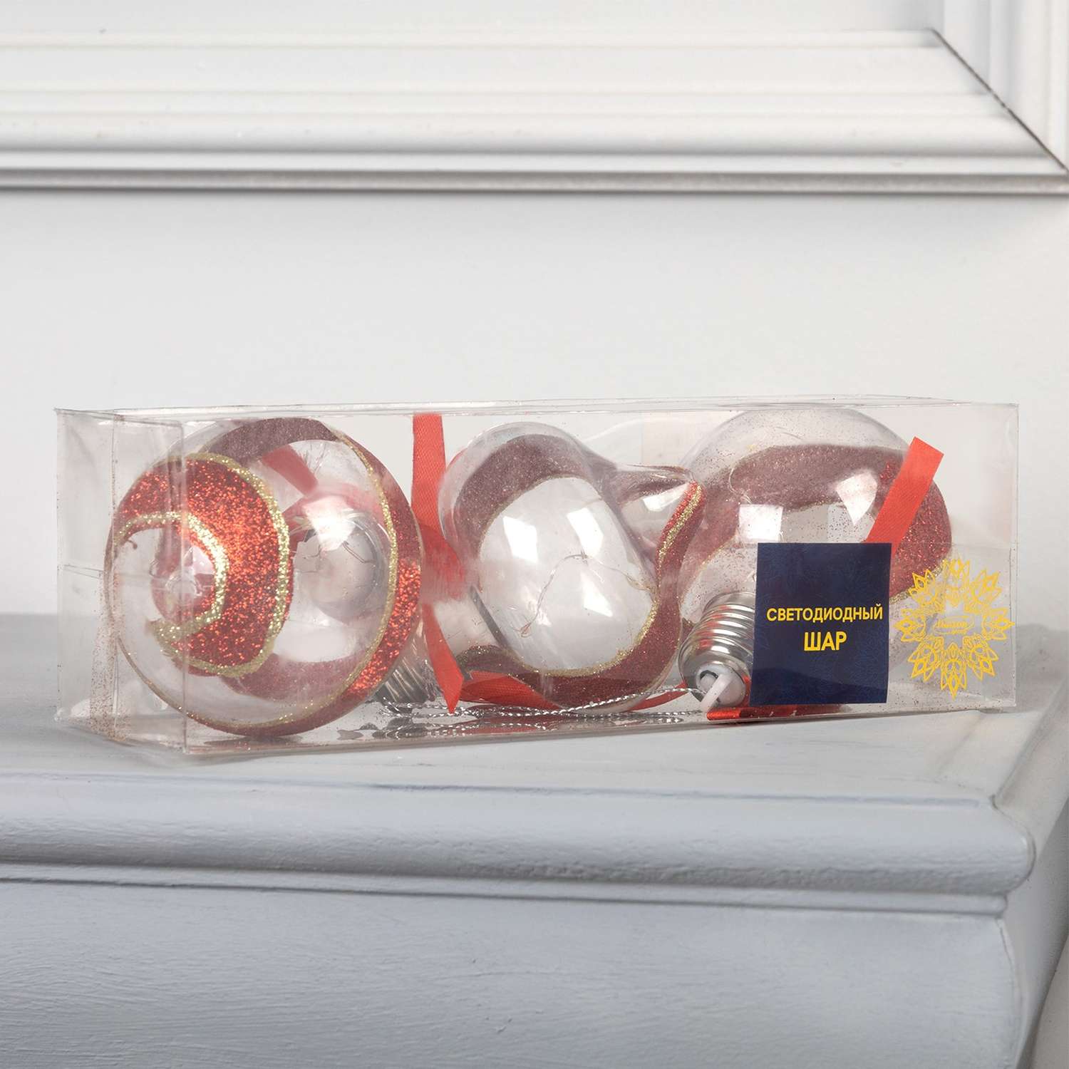 Набор Luazon ёлочных шаров «Шары с еловыми шишками» 3 шт. батарейки 5 LED свечение тёплое белое - фото 3