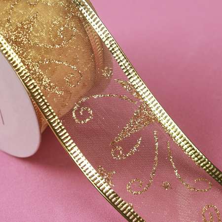 Лента Арт Узор капроновая с металлической нитью «Звёзды и вьюнки». 38 мм×2.7 ± 0.5 м. цвет золотой