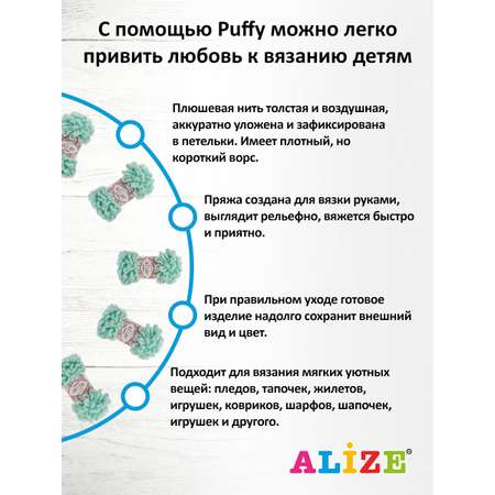 Пряжа для вязания Alize puffy 100 г 9 м микрополиэстер фантазийная плюшевая 19 светло-бирюзовый 5 мотков