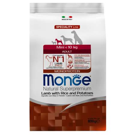 Корм для собак MONGE Monoprotein Mini мелких пород ягненок с рисом и картофелем 800г