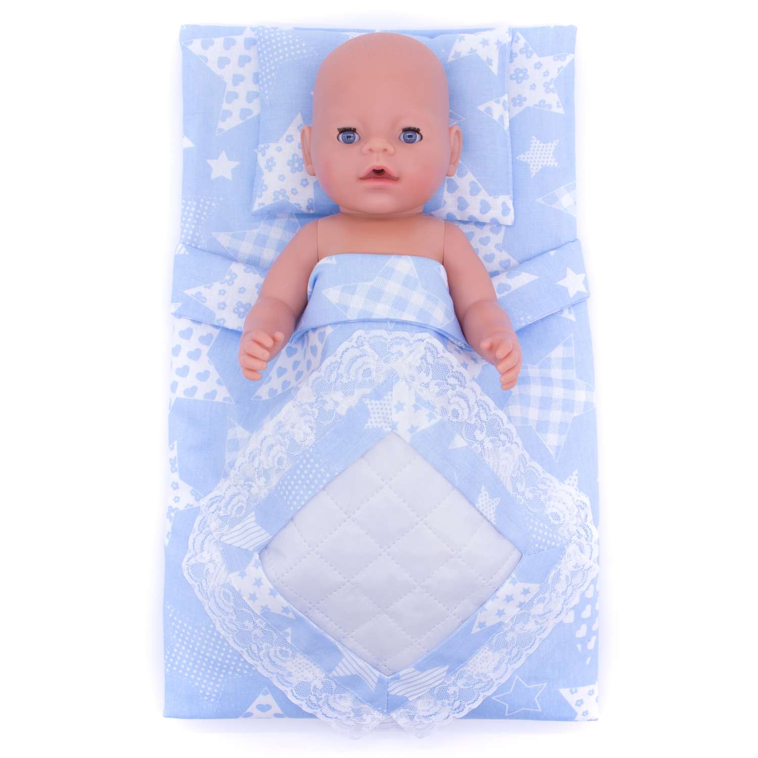 Комплект для пупса Модница 43-48 см: одеяло в пододеяльнике подушка и матрасик светло-голубой 6109светло-голубой - фото 2