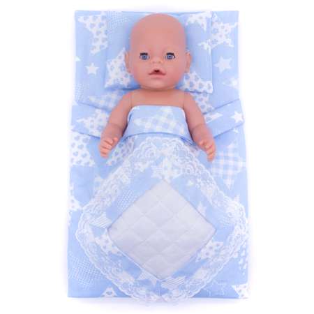 Комплект для пупса Модница 43-48 см: одеяло в пододеяльнике подушка и матрасик светло-голубой