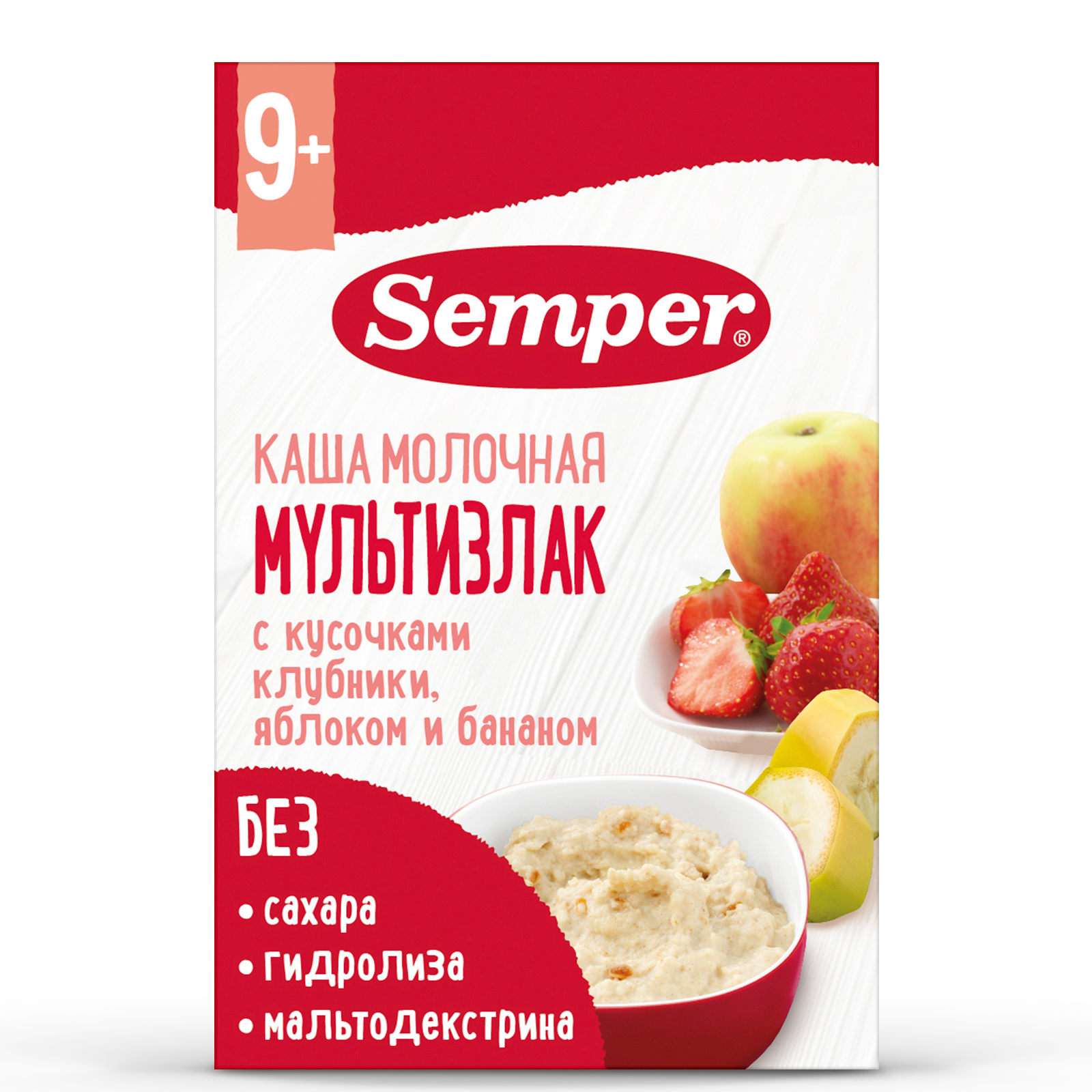 Каша молочная Semper мультизлаковая-клубника-яблоко-банан 180г с 9месяцев - фото 1