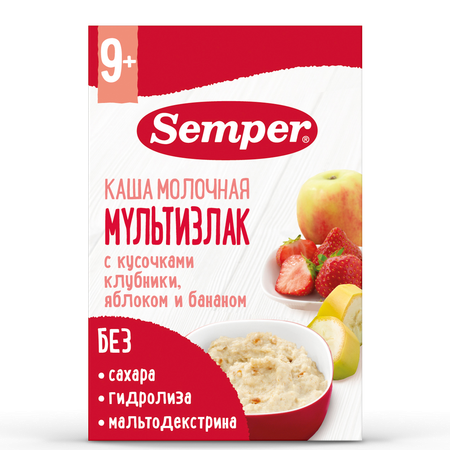 Каша молочная Semper мультизлаковая-клубника-яблоко-банан 180г с 9месяцев