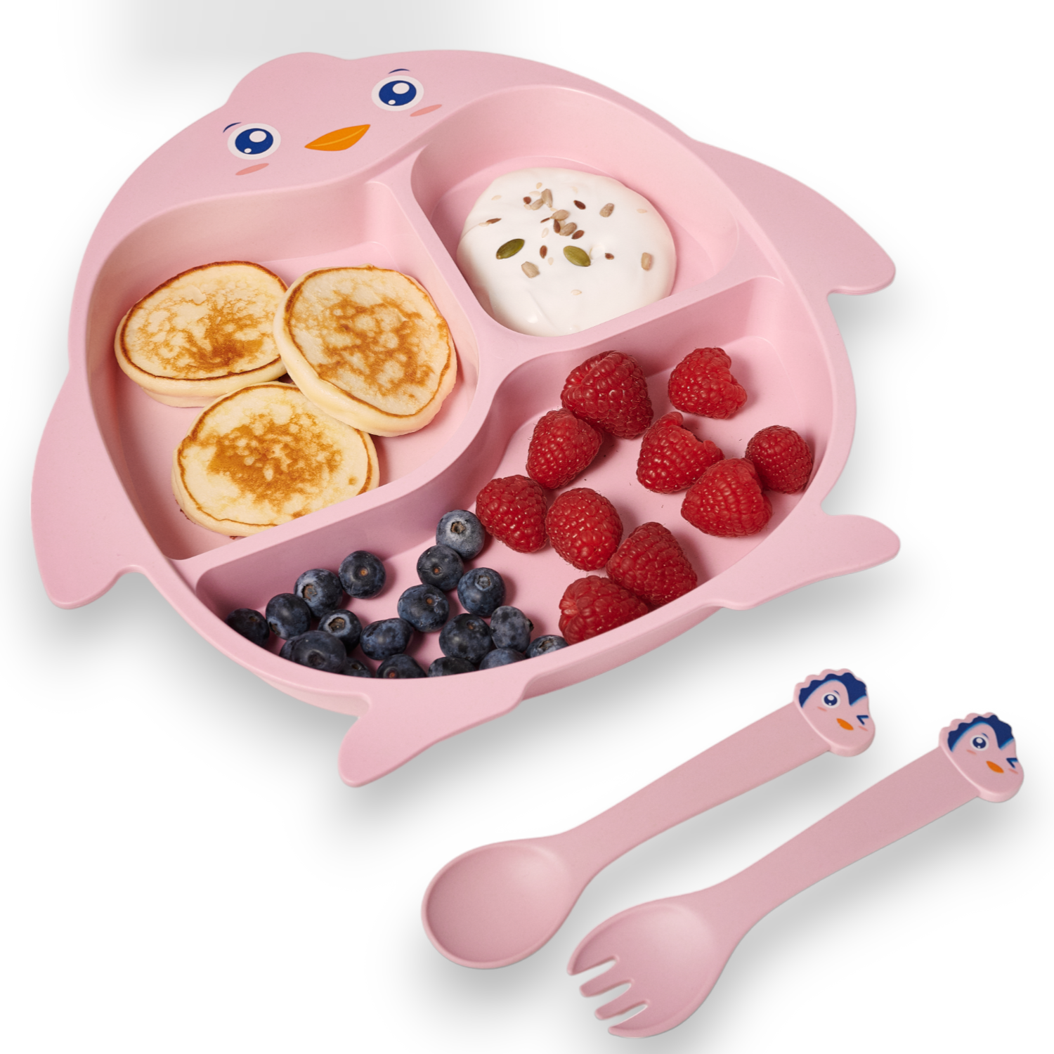 Набор детской посуды Добрый Филин Тарелка вилка ложка Пингвинёнок розовый 4 предмета - фото 1