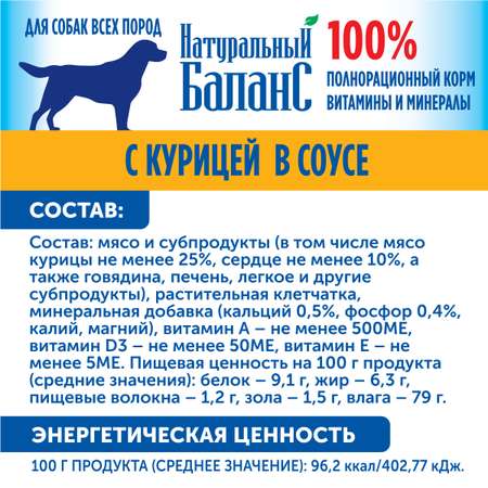 Корм влажный для собак Натуральный Баланс с курицей 340 г х 12 шт