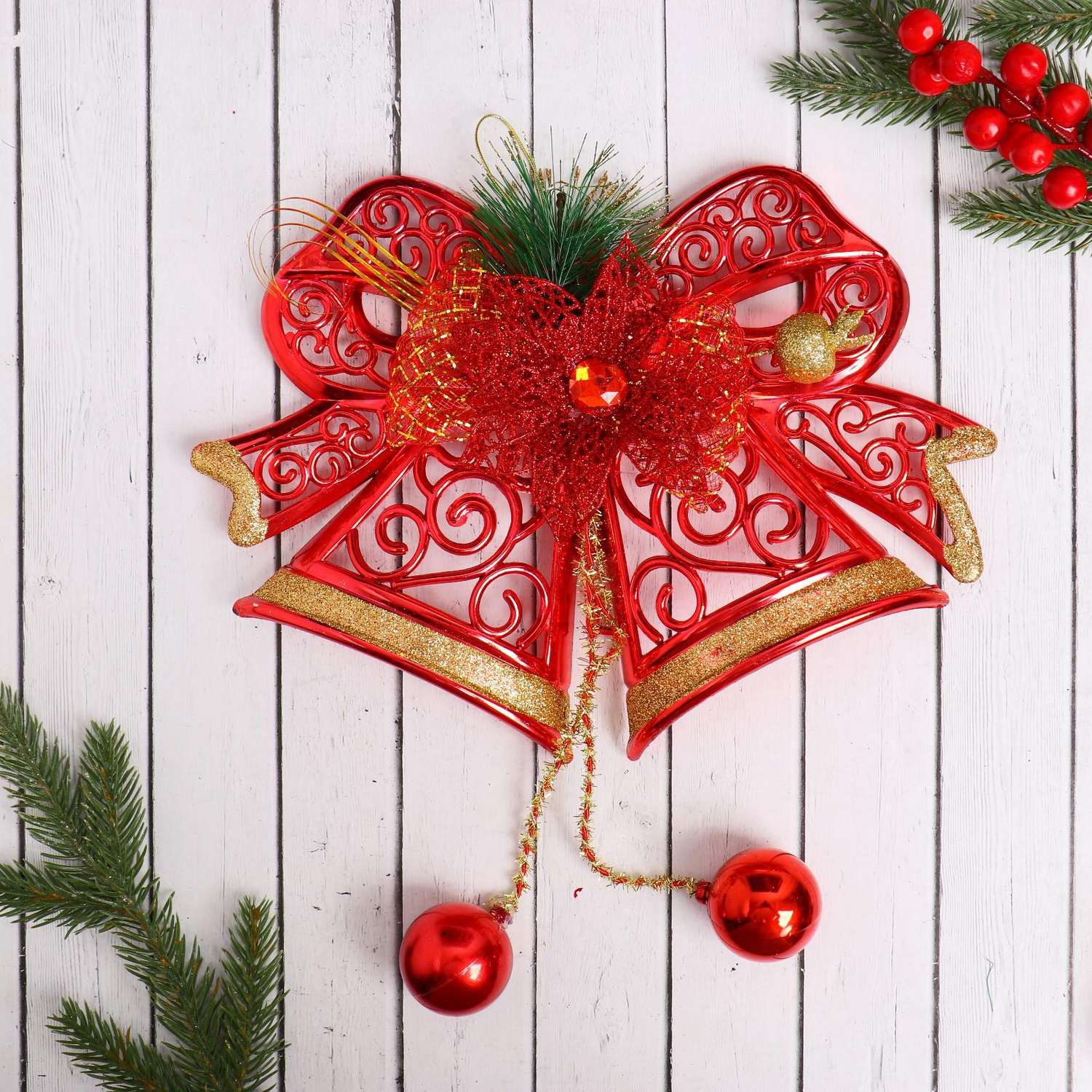 Украшение Зимнее волшебство новогоднее «Колокольчики» алый цветок и узоры 28х21 см красный - фото 1