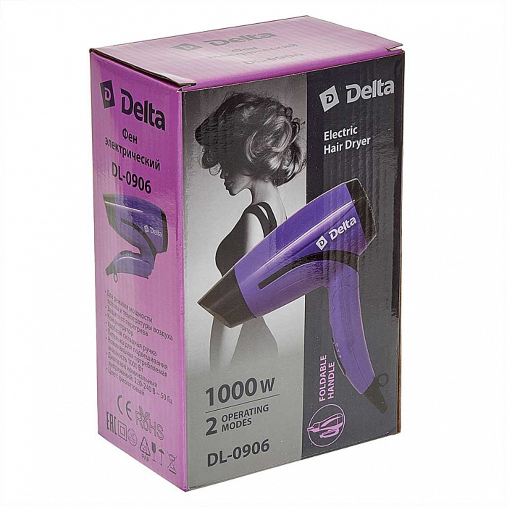 Фен для волос Delta DL-0906 Складная ручка 1000 Вт 2 режима работы фиолетовый - фото 5