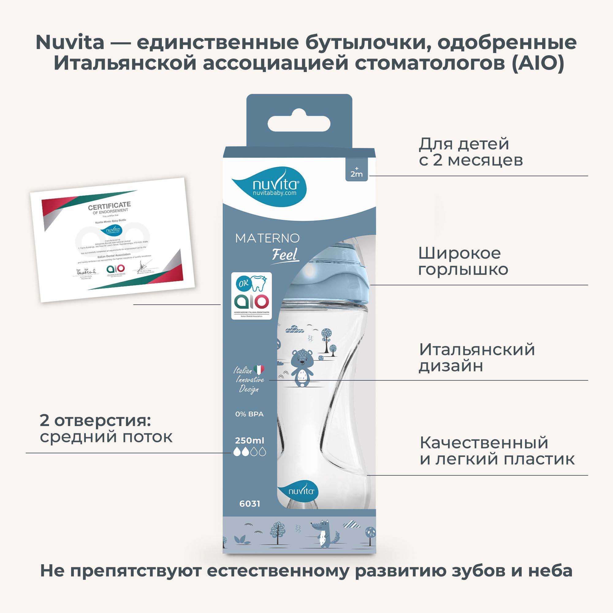 Бутылочка антиколиковая Nuvita Materno Feel пластиковая со средним потоком 250 мл голубая - фото 2