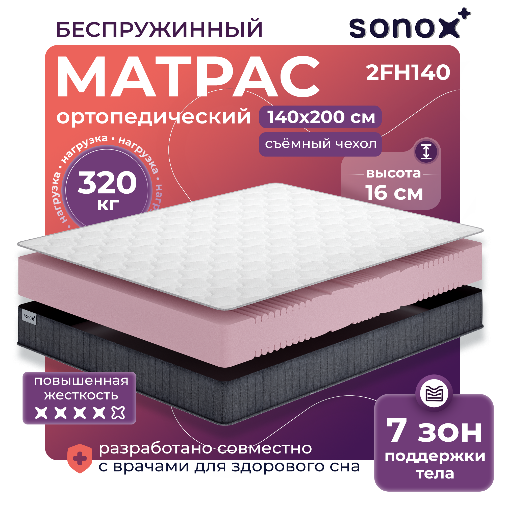 Матрас 140х200 SONOX Foam Multizone Hard 2 беспружинный высокая жесткость - фото 1