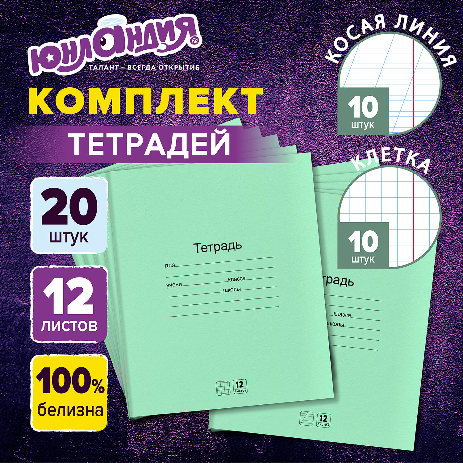 Тетрадь Юнландия в клетку в косую линейку 12 листов набор 20 штук для школы - фото 1