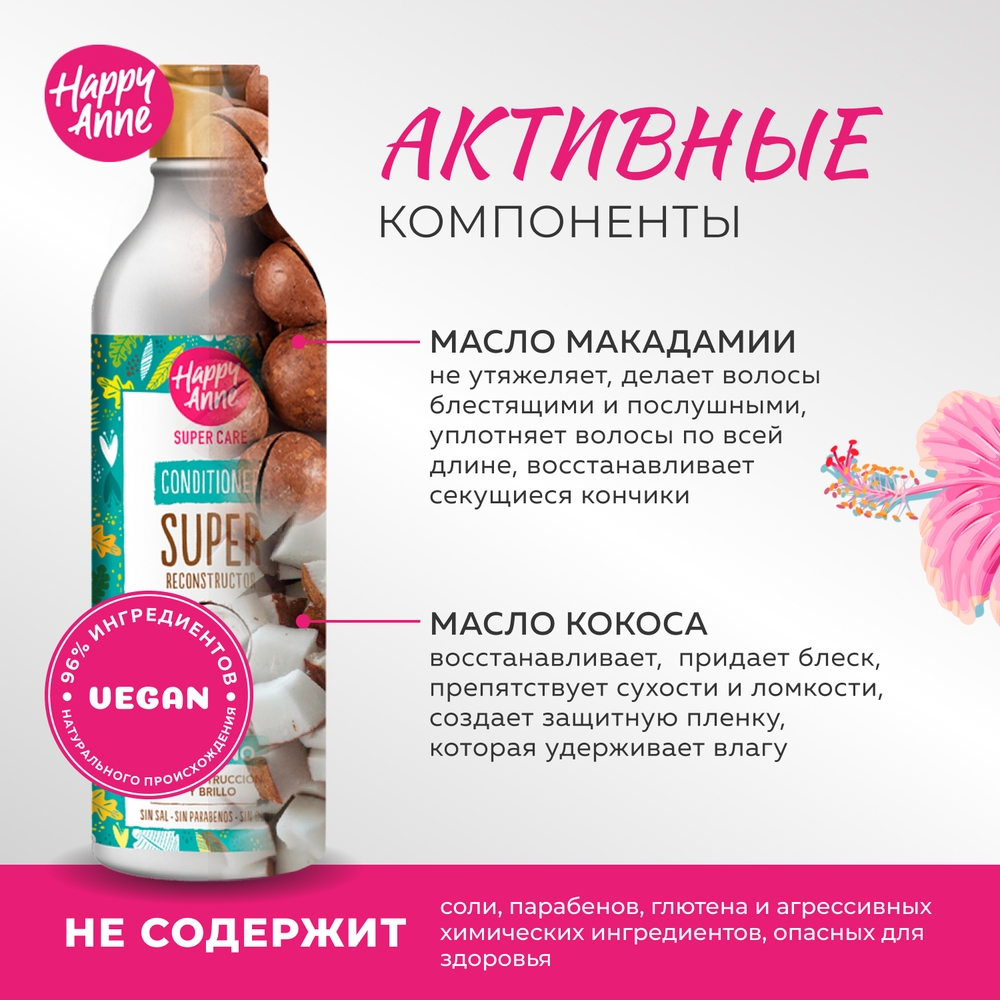 Кондиционер Happy Anne с маслом макадамии и кокоса для сухих и ломких волос Супер восстановление 340мл - фото 5