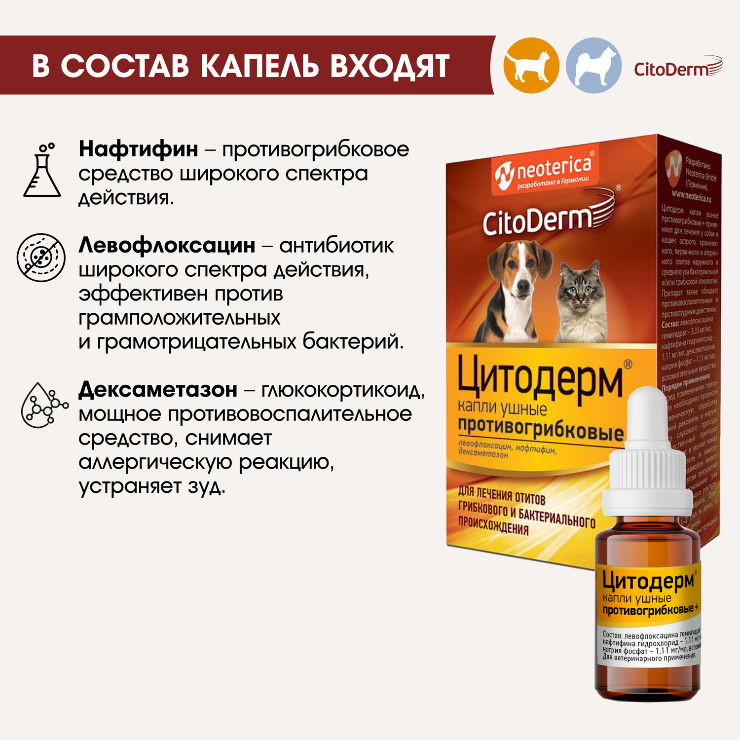 Капли ушные для животных CitoDerm противогрибковые+ 10мл - фото 7