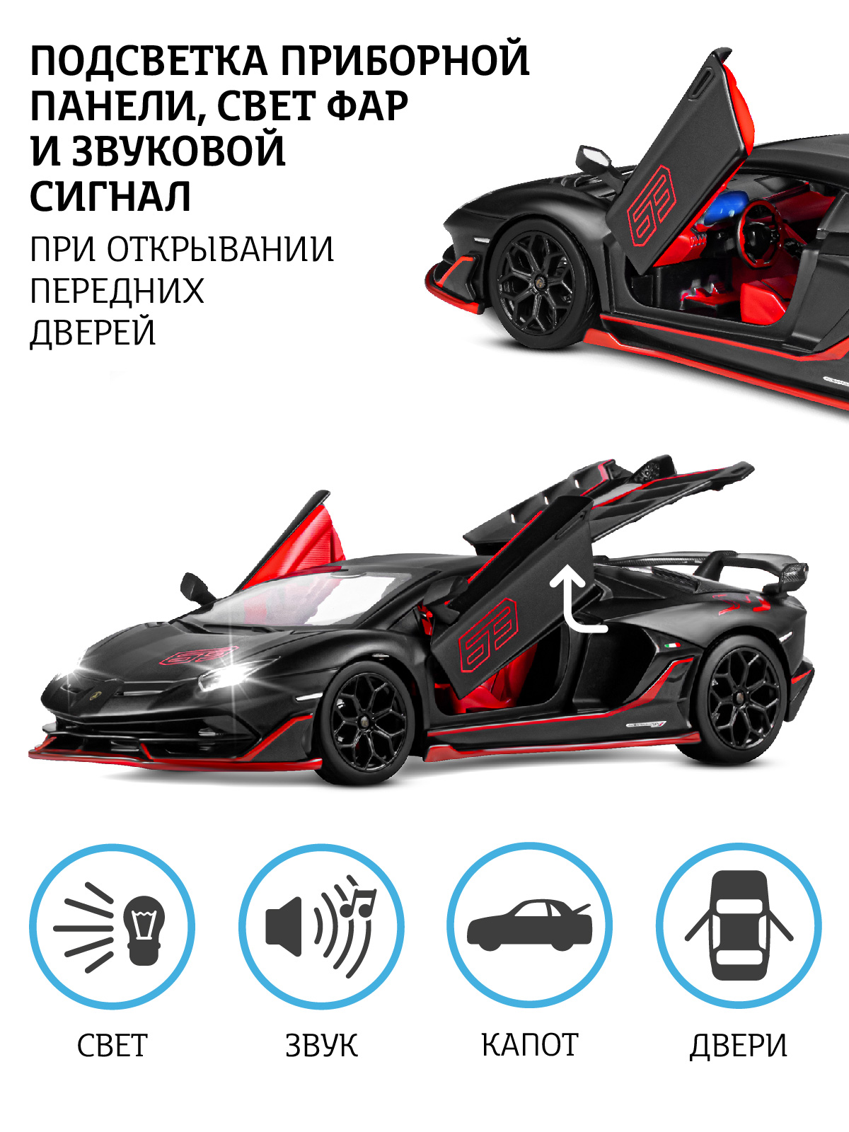 Автомобиль АВТОпанорама Lamborghini 1:24 без механизмов черный JB1251511 - фото 2