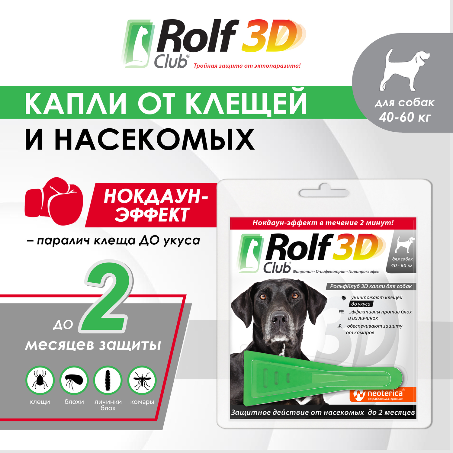 Капли для собак RolfClub3D 40-60кг от блох и клещей 4мл купить по цене 784  ₽ с доставкой в Москве и России, отзывы, фото