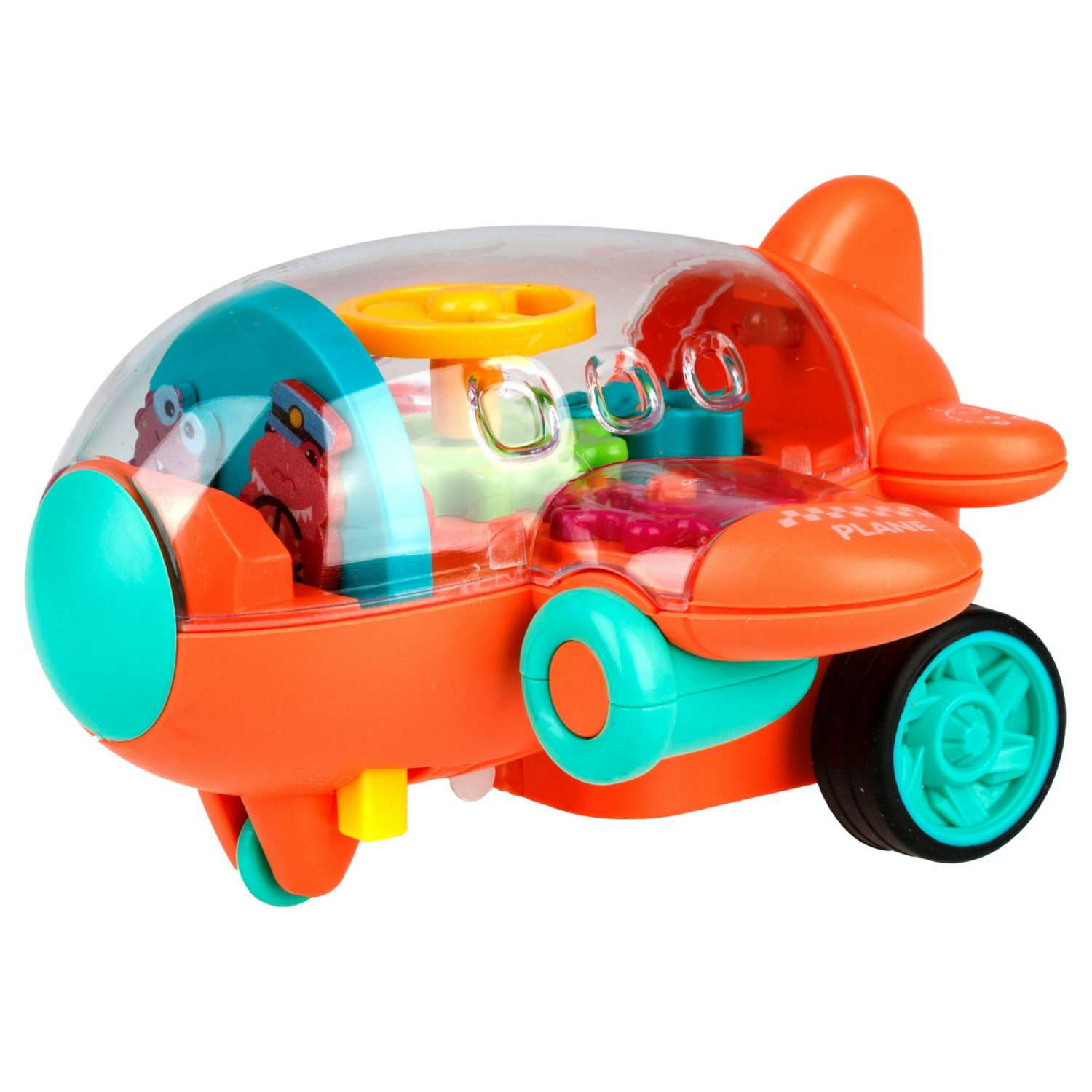 Самолет игрушка для детей 1TOY Движок оранжевый прозрачный с шестеренками светящийся на батарейках - фото 1