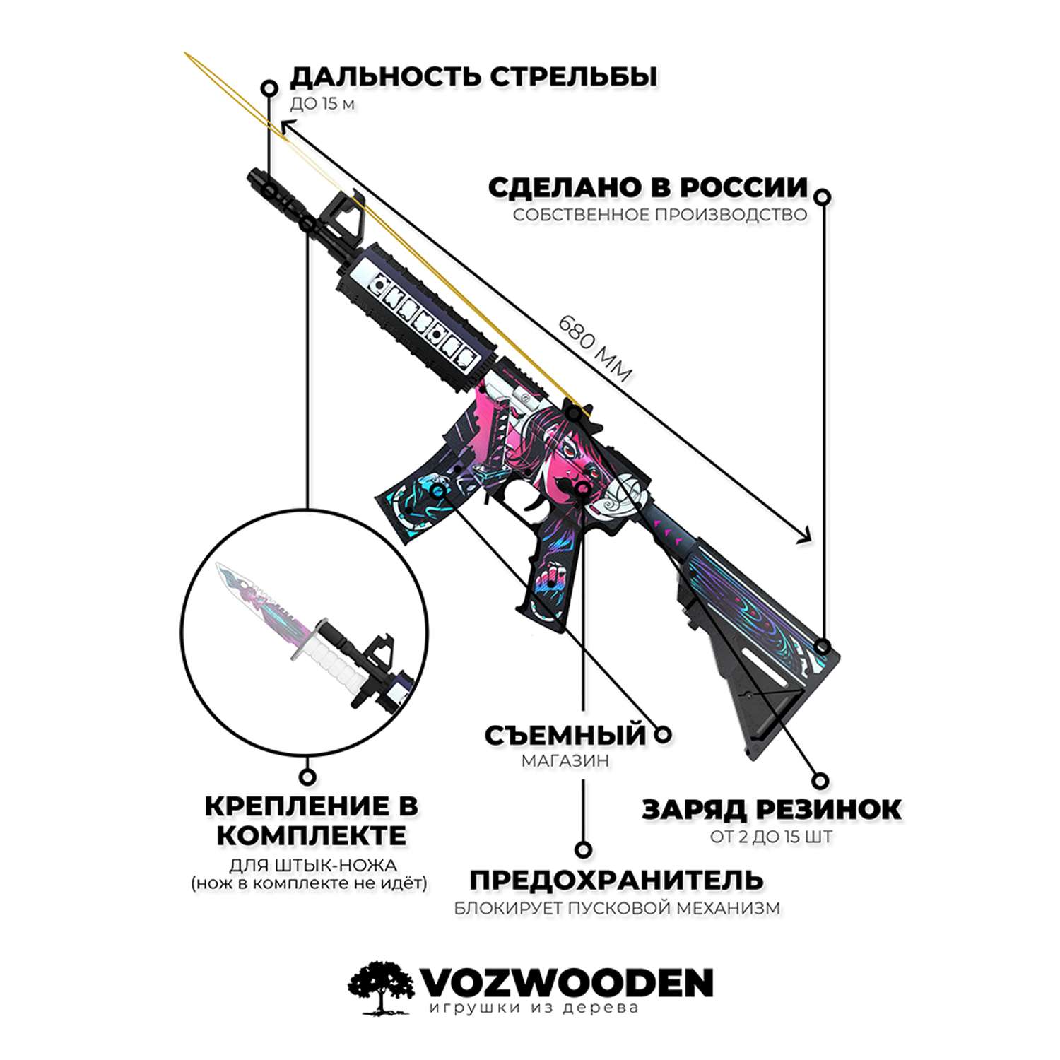 Игрушечный автомат VozWooden М4А4 Нео-Нуар CS GO резинкострел деревянный - фото 2