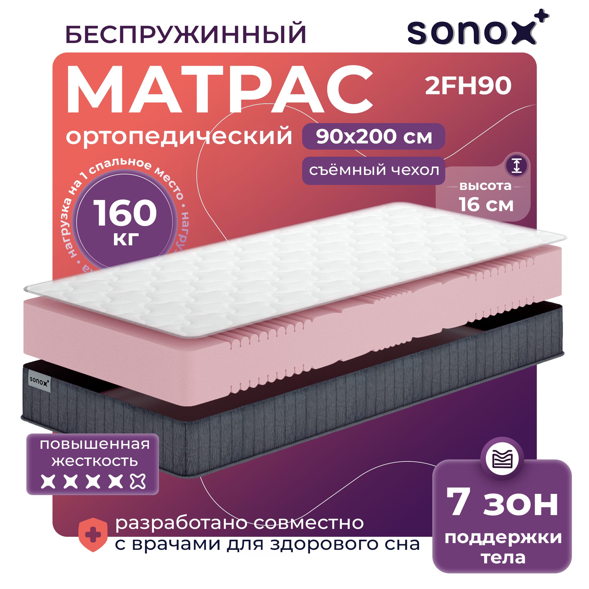 Матрас 90х200 SONOX Foam Multizone Hard 2 беспружинный высокая жесткость - фото 1