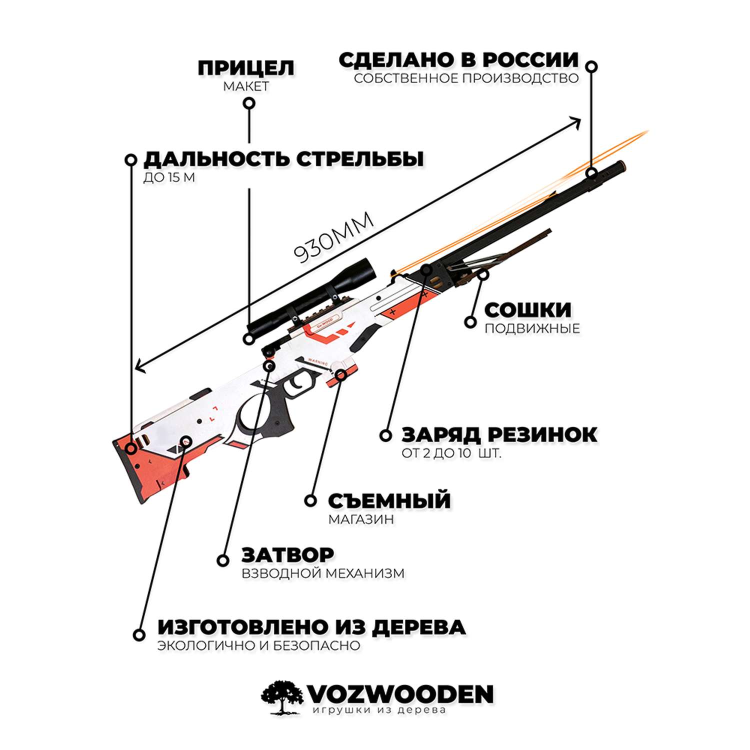 Снайперская винтовка Go-Wood AWP версия 1.6 Азимов деревянный резинкострел - фото 2