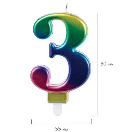 Свеча для торта Золотая сказка цифра 3 Радужная 9 см с держателем в блистере