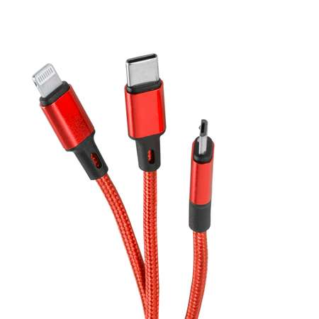 Дата-кабель mObility USB -Type-C/8 - pin/micro USB (3 в 1) нейлоновая оплетка красный