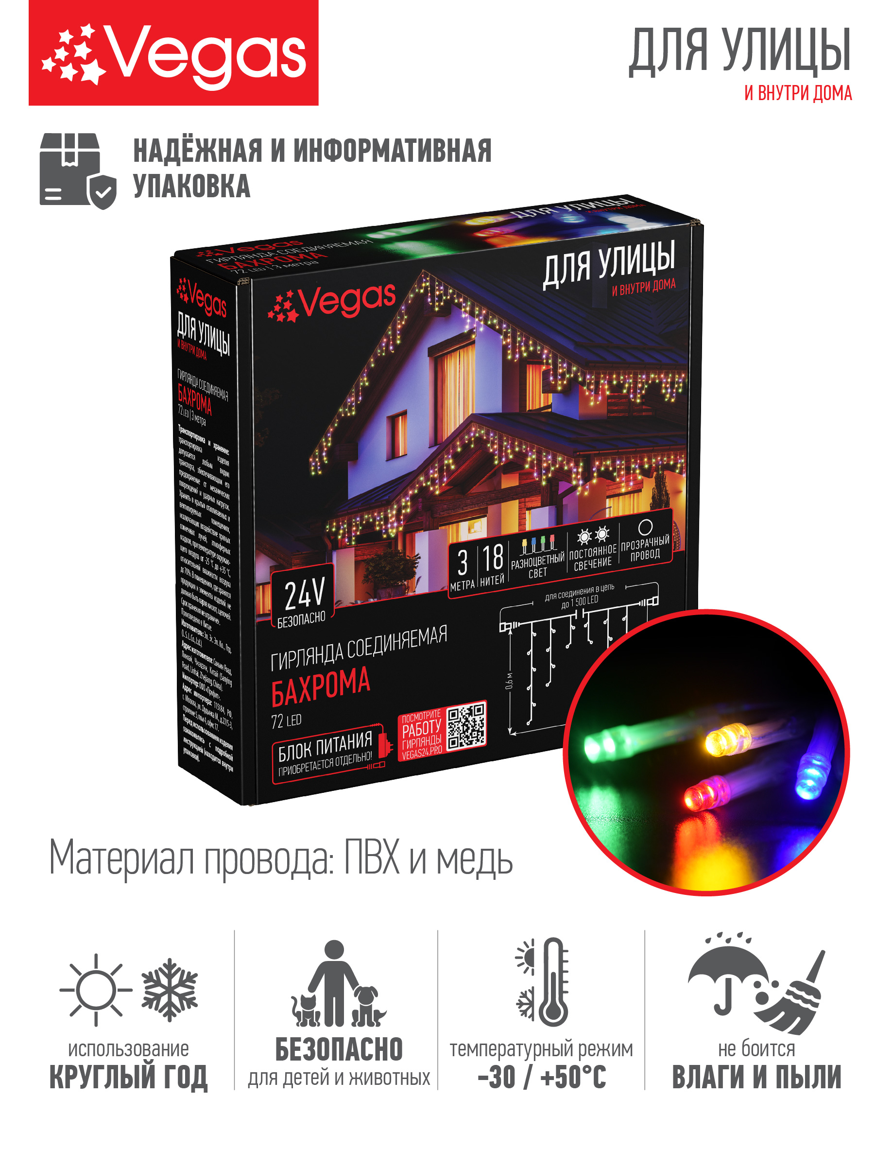 Электрогирлянда-конструктор Vegas Бахрома 72 разноцветных LED ламп 18 нитей 24V - фото 2