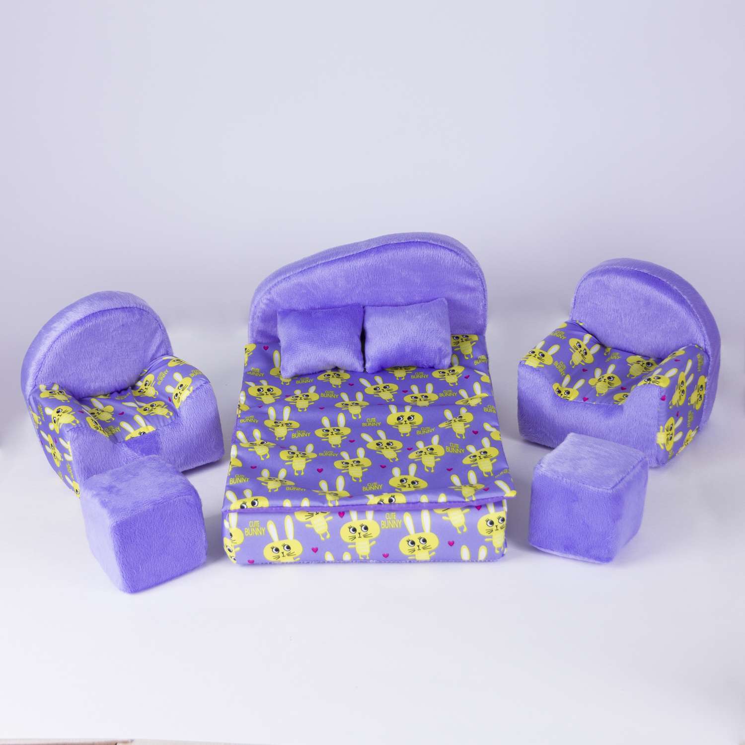 Набор мебели для кукол Belon familia кровать и 2 кресла/ принт кролики с сиреневым плюшем НМ-003/2-29 - фото 1