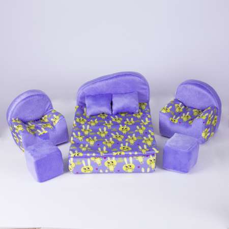 Набор мебели для кукол Belon familia кровать и 2 кресла/ принт кролики с сиреневым плюшем