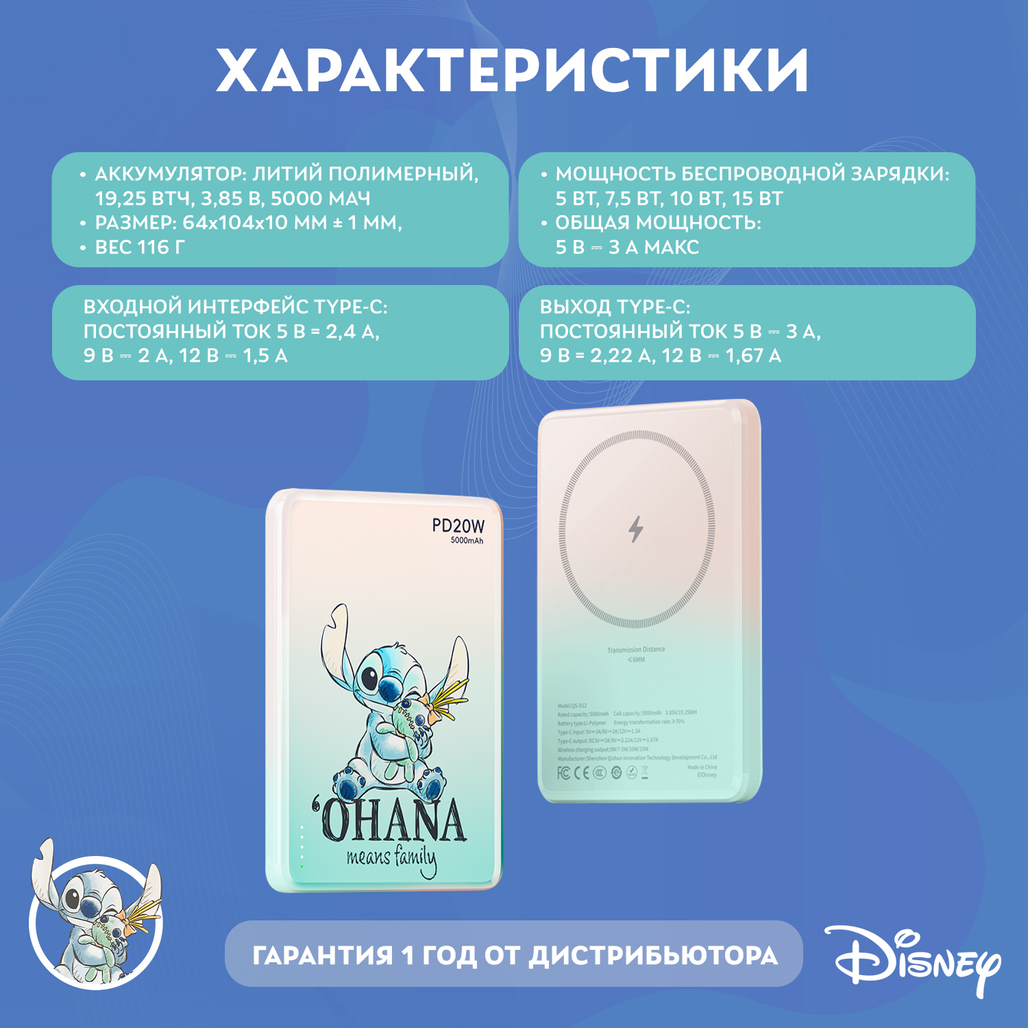 Внешний аккумулятор Disney беспроводной магнитный Лило и Стич 5000 мАч QS-D12 - фото 4