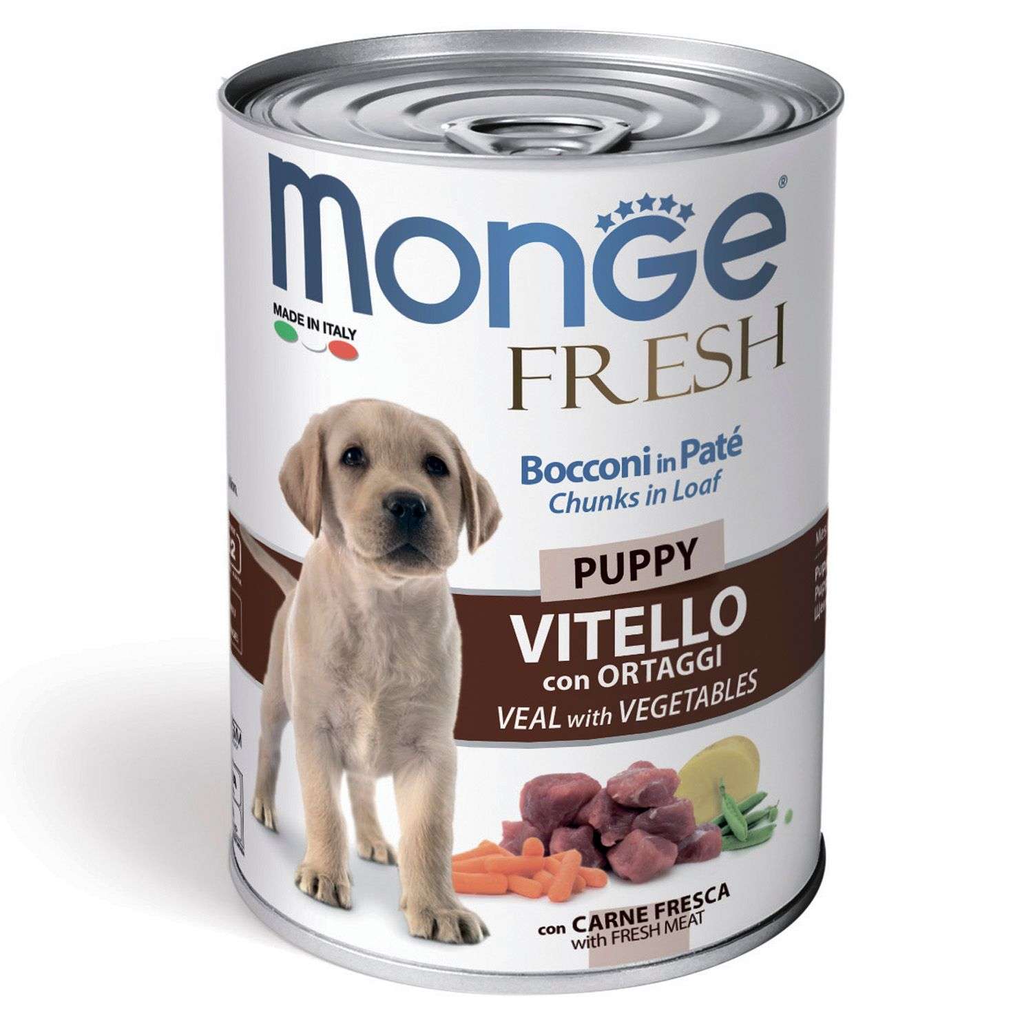Корм для щенков MONGE Dog Fresh Chunks in Loaf мясной рулет телятина с овощами консервированный 400г - фото 1