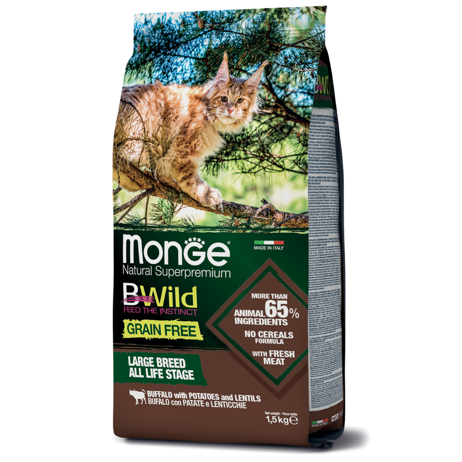 Корм для кошек MONGE BWild Grain free крупных пород из мяса буйвола 1,5 кг  купить по цене 2117 ₽ с доставкой в Москве и России, отзывы, фото