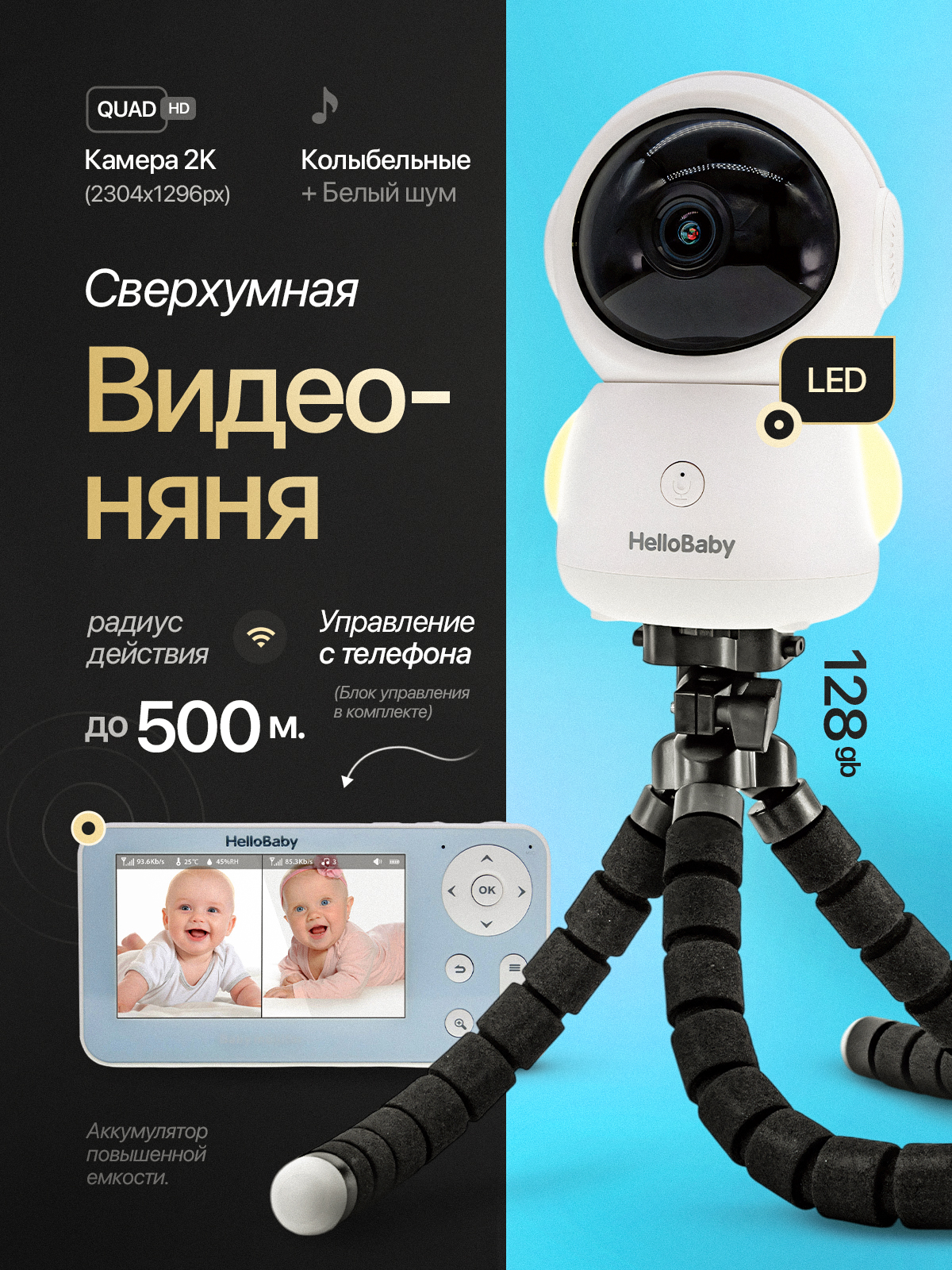 HB110TR с дальностью до 500 метров Hello Baby с подключением к монитору и телефону - фото 1