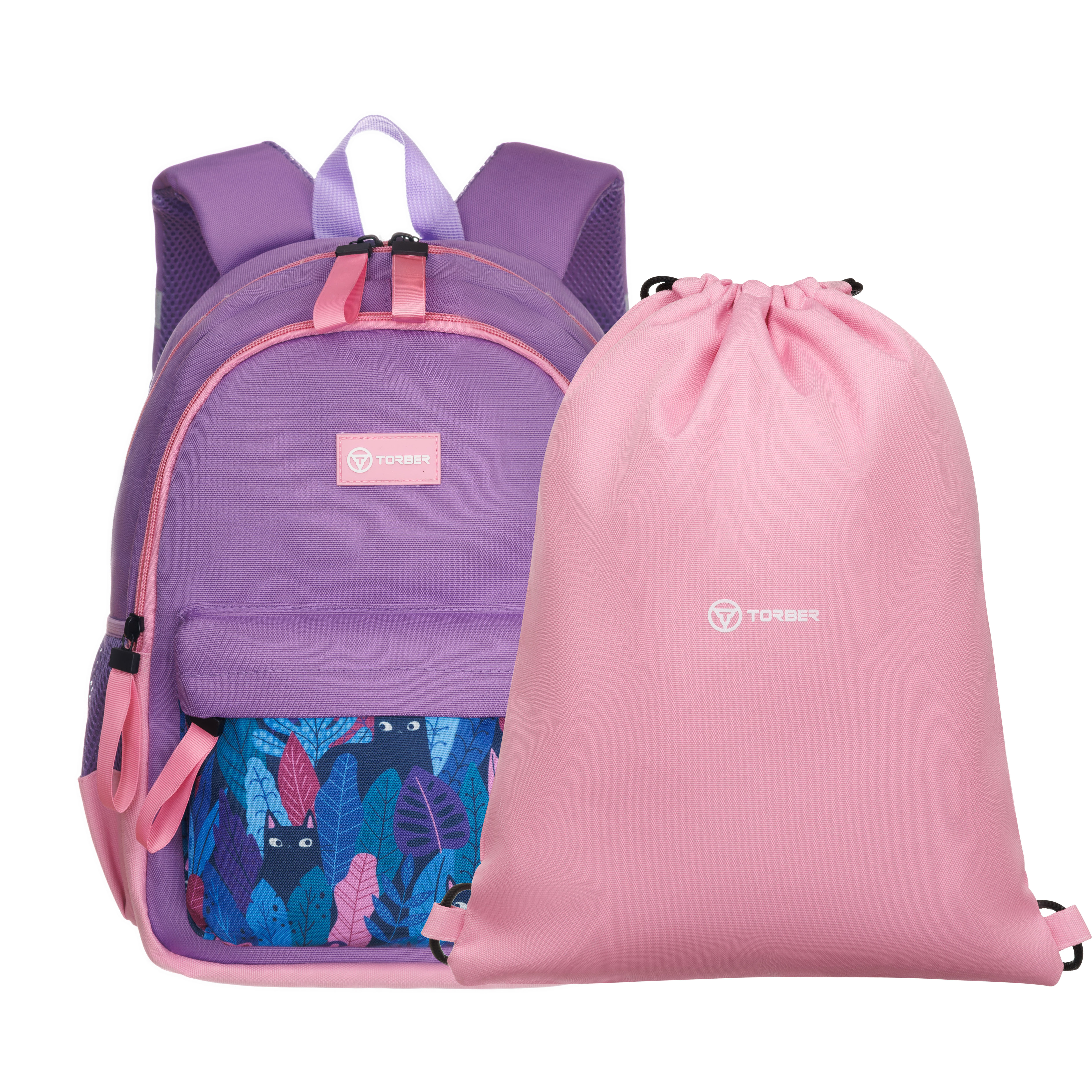 Рюкзак TORBER CLASS X Mini сиреневый розовый с орнаментом и Мешок для сменной обуви - фото 1