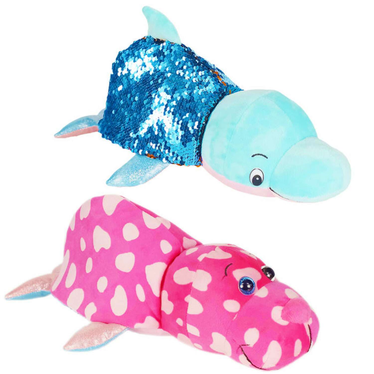 Мягкая игрушка Вывернушка Блеск с пайетками Розовый Моржик голубой Дельфин 30см - фото 1