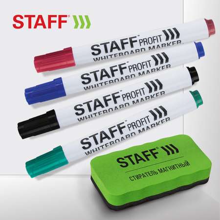 Набор для маркерной доски Staff губка-стиратель офисный и маркеры стираемые 4 штуки