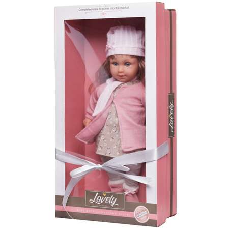 Кукла Junfa в теплой одежде в сером платье и розовой кофте шапке и шарфе 45 см