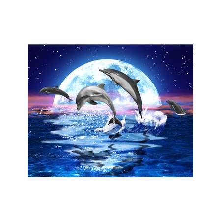 Алмазная мозаика Kiki Холст на подрамнике 40х50 см Дельфины в лунном свете полная выкладка