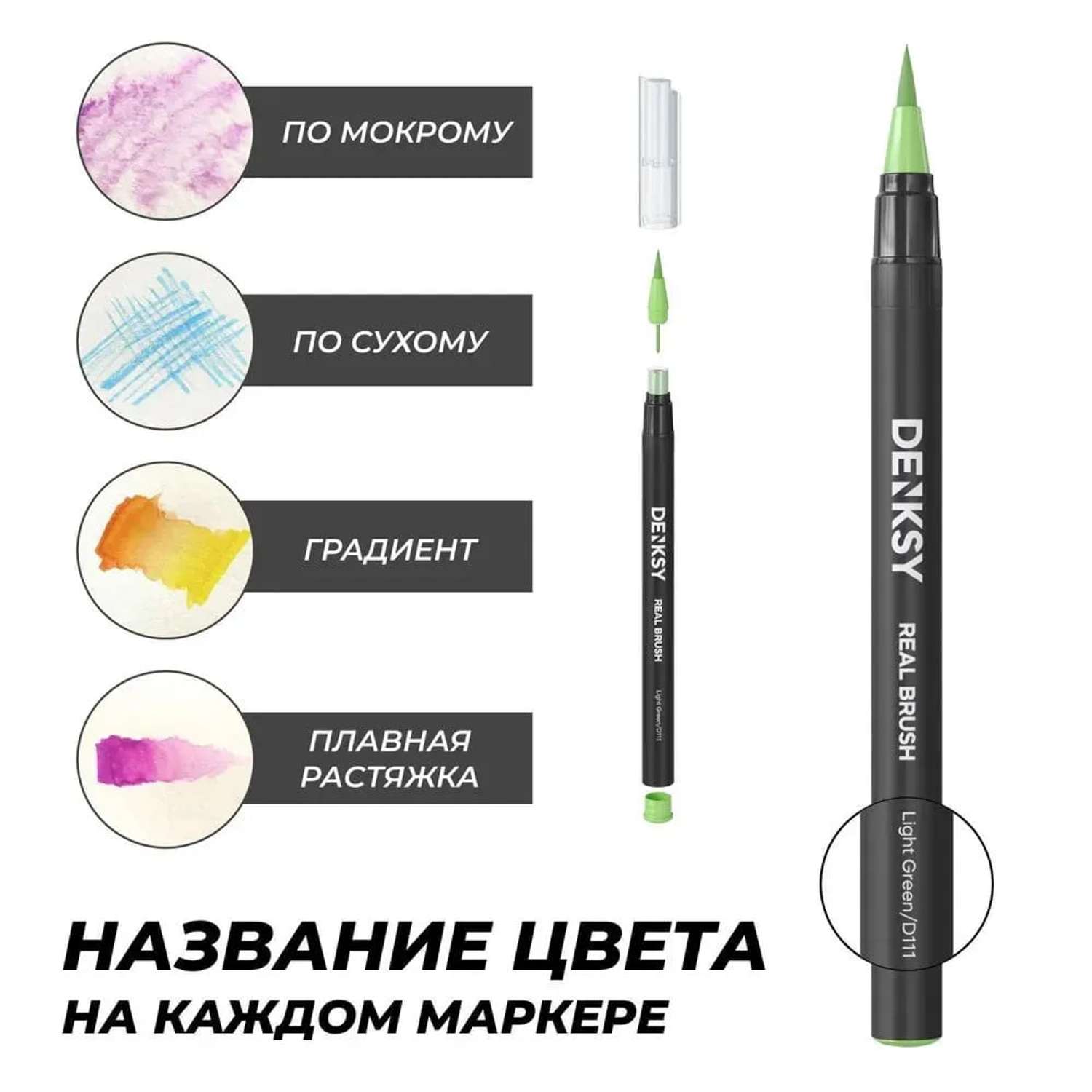 Акварельные маркеры DENKSY 24 цвета в белом корпусе и 2 кисти с резервуаром - фото 4