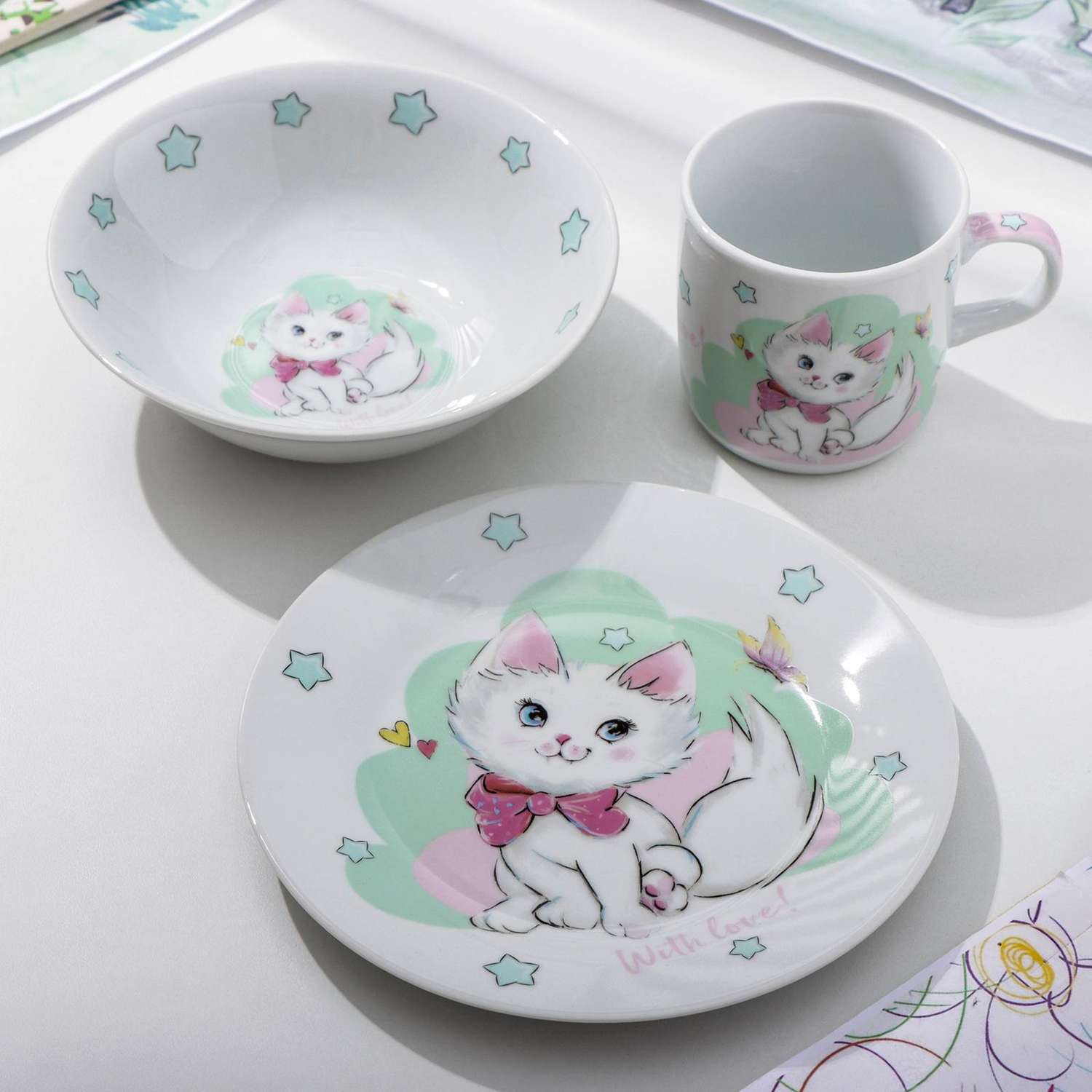 Набор детской посуды Доляна Кошечка кружка миска тарелка - фото 2