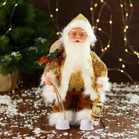 Дед мороз Sima-Land «В костюме с пайетками с фонариком» двигается с подсветкой 28 см золото