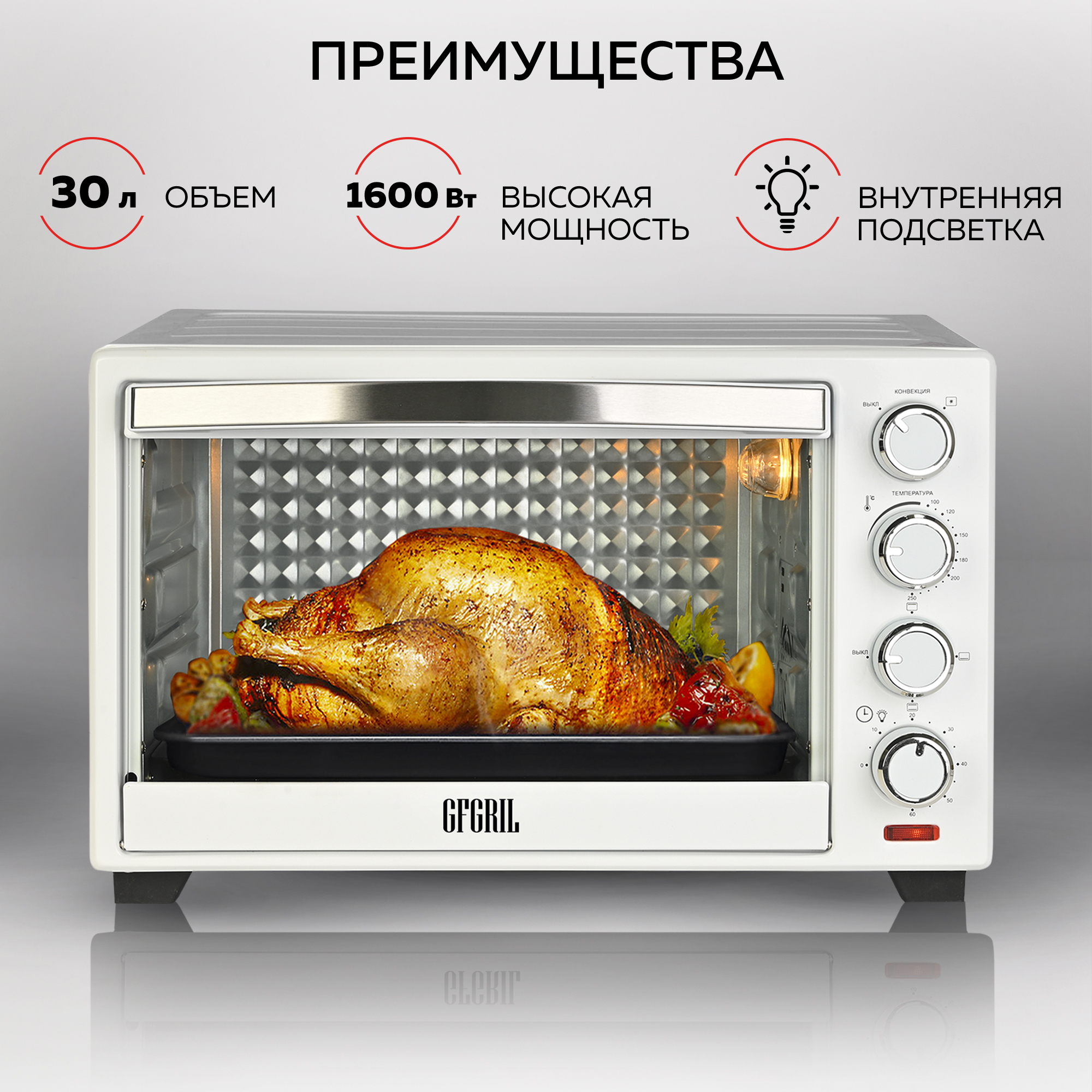 Мини-печь GFGRIL GFO-30W духовка объемом 30 л до 250 градусов конвекция таймер - фото 11