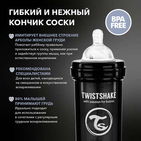 Бутылочка Twistshake антиколиковая 260мл Чёрная