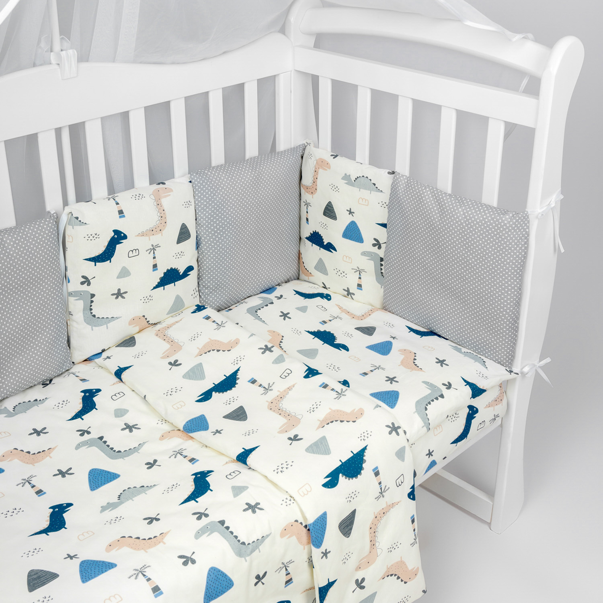 Комплект Premium AmaroBaby в кроватку 18 предметов: 6 + 12 подушек-бортиков Little dino бежевый серый - фото 3
