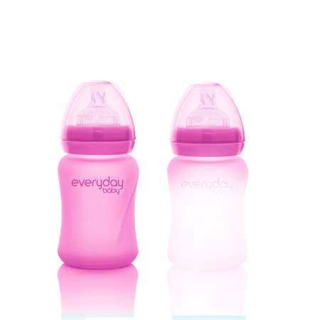 Бутылочка Everyday Baby Healthy стеклянная с индикатором температуры и силиконовым покрытием 150 мл розовый