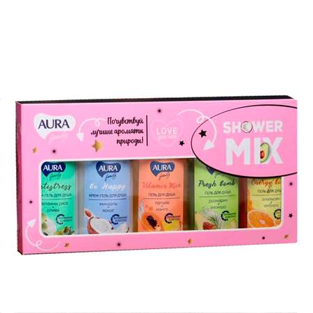 Подарочный набор AURA Family Shower mix 3 геля для душа 50 мл + 2 крем-геля для душа 50 мл