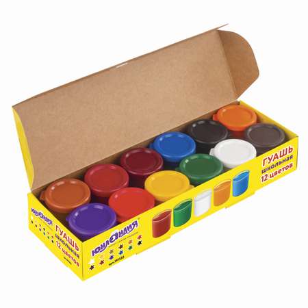 Гуашь Юнландия для рисования школьная 12 цветов по 17 мл без кисти картонная коробка