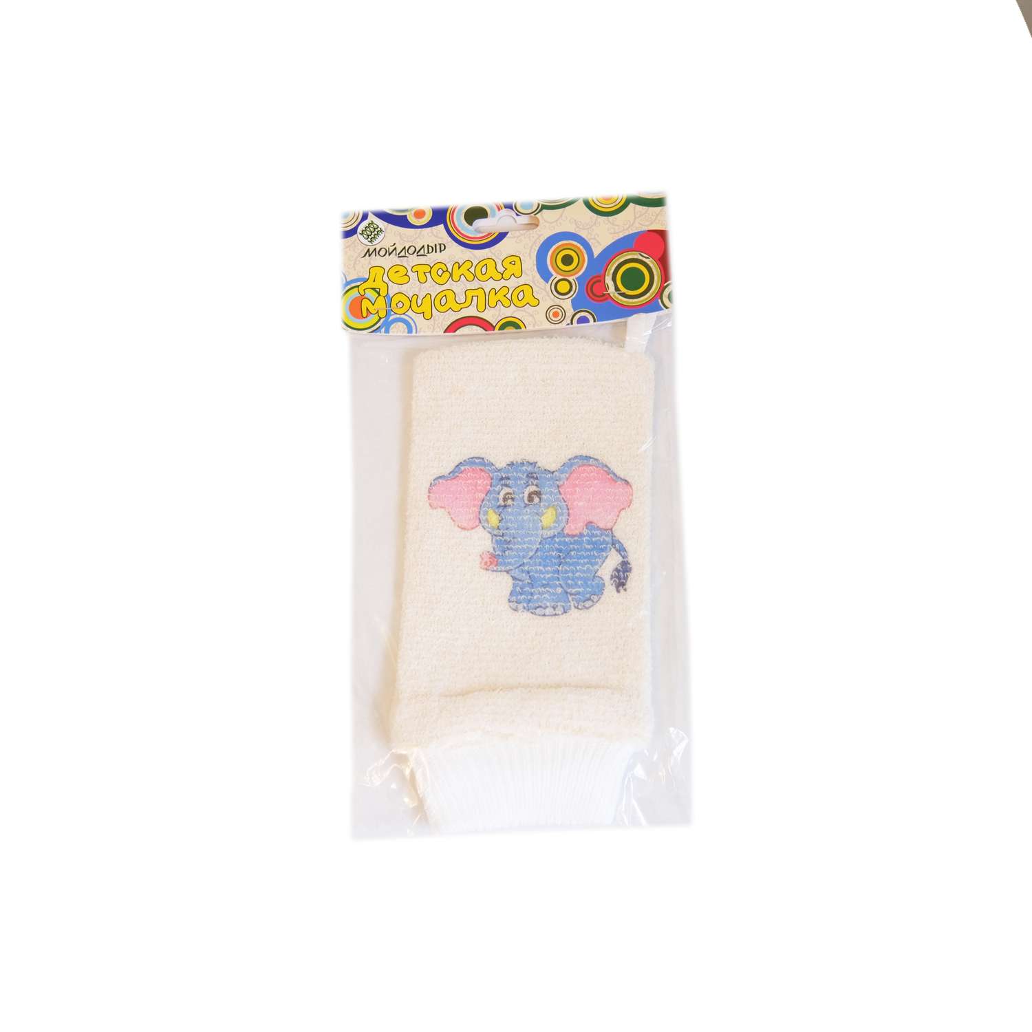 Мочалка детская Мойдодыр рукавица с рисунком слоника хлопковая - фото 2