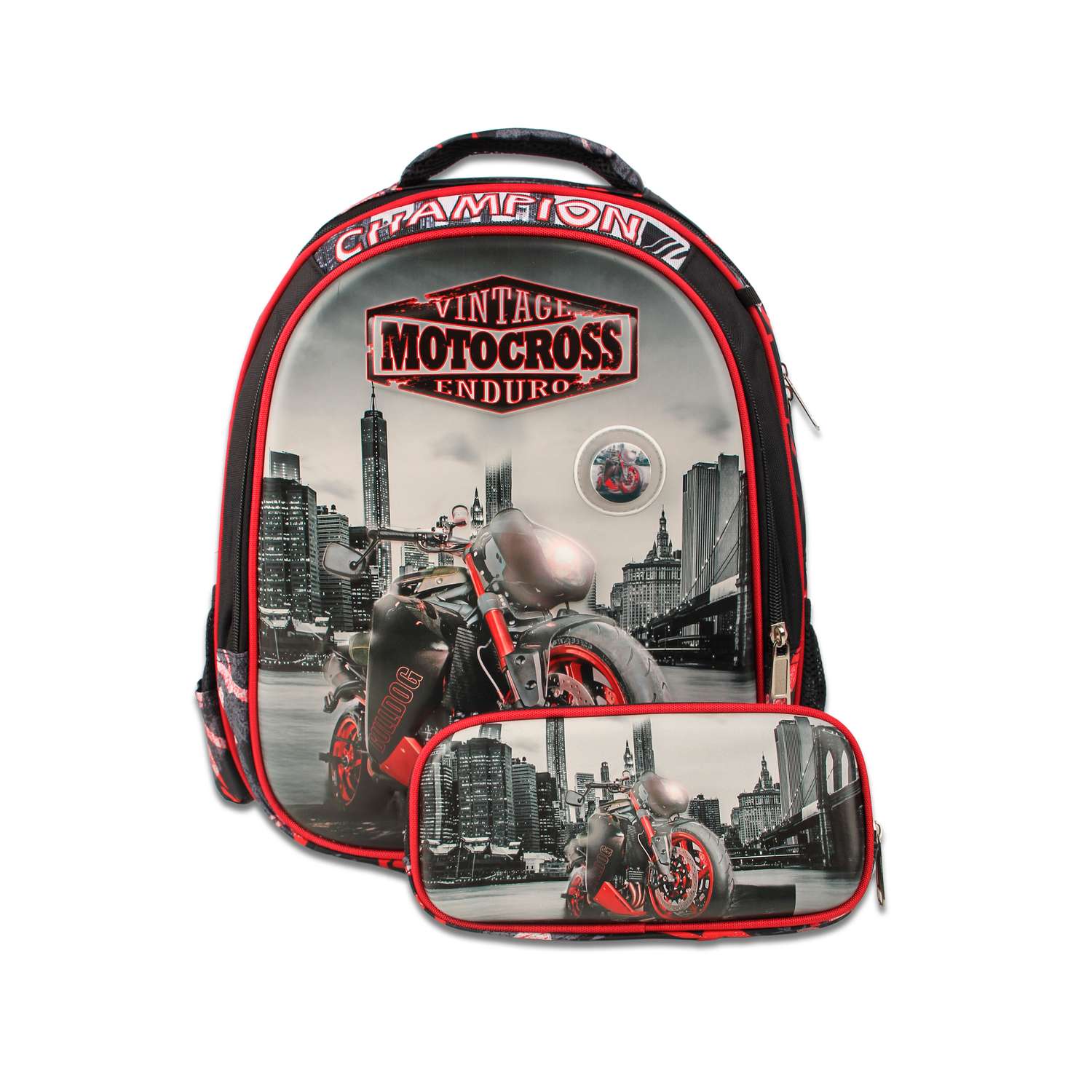 Рюкзак школьный с пеналом Little Mania Мотоциклы красный - фото 1